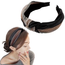 Alpha Depot Korean Style Headband Wide Bi-Color Cotton Linen PU Leather Material Twist Design Anti-Slip Fashionable Hair Accessory for Everyday Use