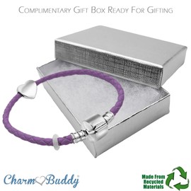 21cm Large Womens Leather Starter Charm Bracelet with Silver Heart and Gift Box valentines gifts for her (Violet)