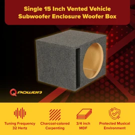 Q Power 15 Inch Heavy-Duty Single Vented Carpet Covered Durable Car Audio Vehicle Subwoofer Enclosure Woofer Box, Charcoal Gray