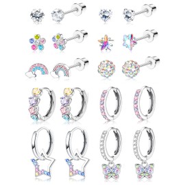 YADOCA 10 Pairs Hypoallergenic Screw Back Stud Earrings For Women Girls Surgical Steel Small Huggie Hoop Earrings Cute CZ Butterfly Star Hoop Dangle Earrings 20G Screwback Earrings Set