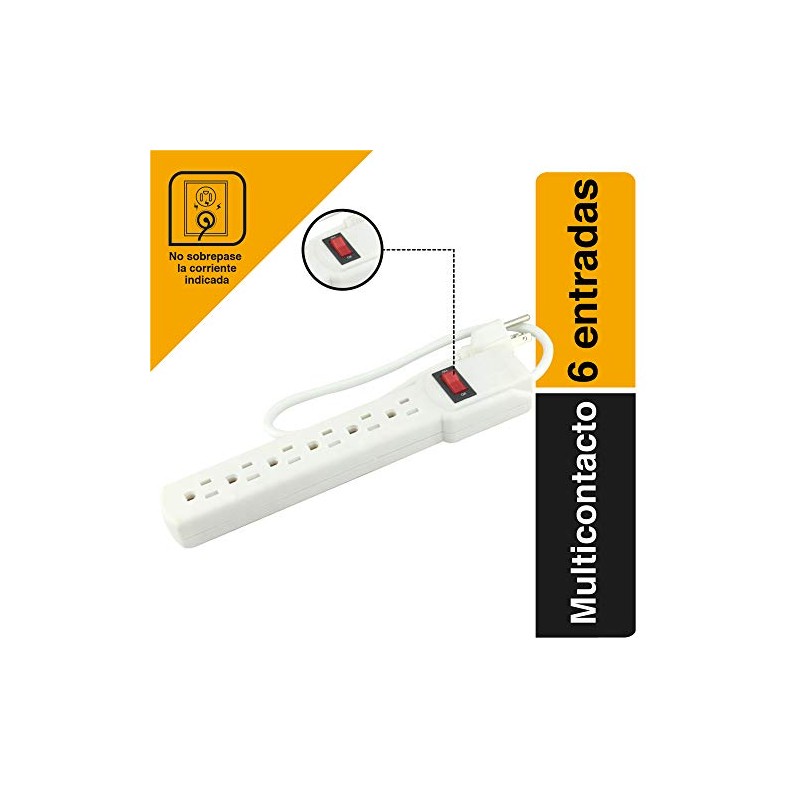 SANELEC 8622 Barra Multicontacto, 6 Entradas, Protección de Sobrecargas, Blanco,
