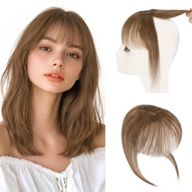 Hairro Bangs Hair Clip 3D 360°Cover Clip On Bangs Remy Human Hair Topper With Bangs Fringe French Bangs With Temples Clip In Bangs Hair Extensions 8 Inches 10g #04 Medium Brown