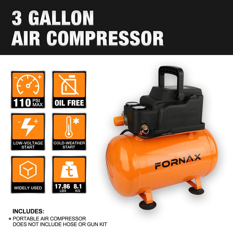 FORNAX 3 Gallon Portable Air Compressor, 110 PSI Hot Dog