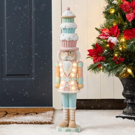 Glitzhome Christmas Front Porch Decor, Lighted Macaron Pink and Blue Resin Xmas Cupcake Nutcracker Porch Decor w/Timer for Indoor Outdoor Patio Standing Decor, 28" H