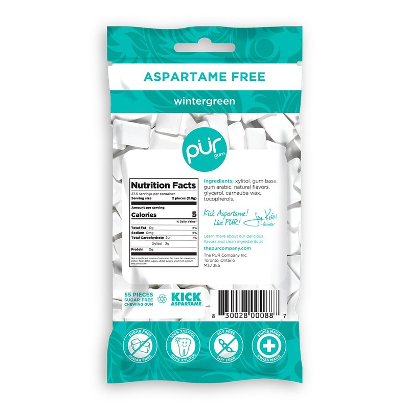 PUR 100% Xylitol Chewing Gum, Wintergreen , Sugar-Free and Aspartame