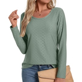 LONGYUAN Womens Long Sleeve Shirts Round Neck Casual Tunic Tops Basic Tee 2025 Green Large