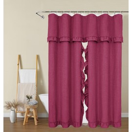 Castle Selection Linen Shower Curtain Set, Double Swag with Ruffles, PEVA Liner and Sliding Rings (Maroon)