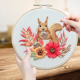 ALLMIRA Embroidery Kit, Beginner, Set, Embroidery, Cross Stitch, Handmade, DIY Embroidery Tool, Embroidery, Frame, 7.9 inches (20 cm), 1 Embroidery Thread, Embroidery Cloth, 2 Embroidery Needles, English Instruction Manual Included (3 Squirrels)