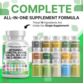 Clean Nutraceuticals Artemisinin Quercetin Zinc Mullein Quinine Supplement with Sea Moss Bromelain Ashwagandha Root Nettle Leaf Bladderwrack Burdock Root Monolaurin Colostrum Rutin
