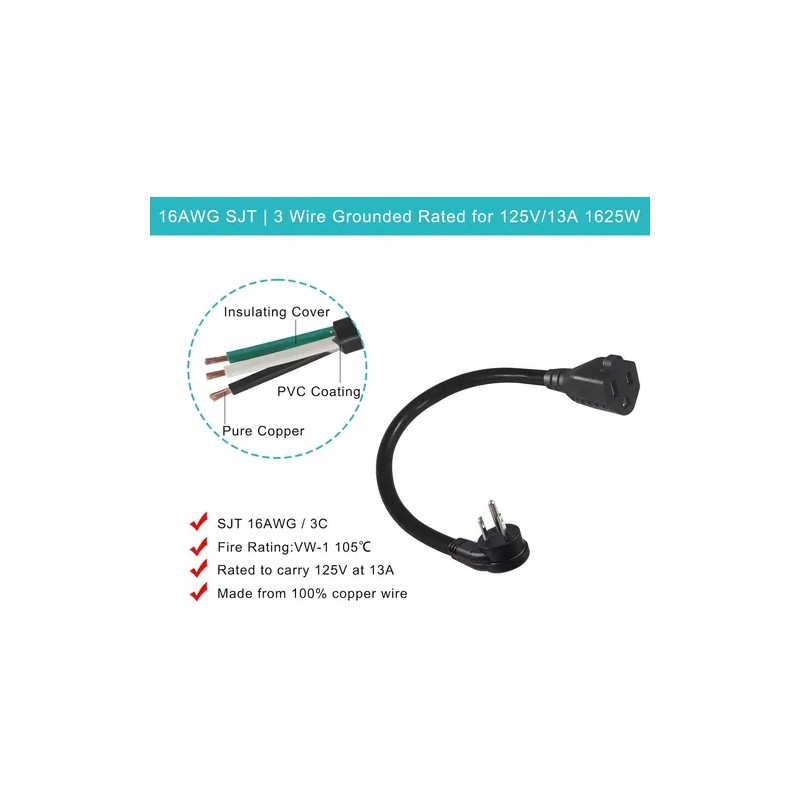 [5 Pack] Flat Plug Short Power Extension Cord - 8inch