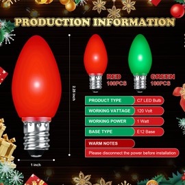 Retisee 200 Pcs LED Christmas C7 Light Bulbs Replacement Night Light Bulb Shatterproof 1W Mini Bulb E12 Candelabra Base Decor for Outdoor String Lights, Candle Lamps, Christmas Tree Patio(Red, Green)