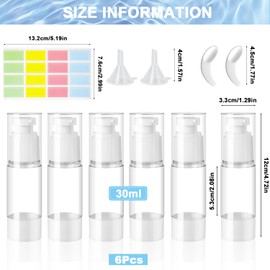 ZDNT Pack of 6 Airless Pump Dispenser, Cream Dispenser, Pump Bottle, Empty, Refillable Vacuum Cosmetic Container, Vacuum Travel Bottles for Filling with Sticker, Spatula for Travel Lotions, Shampoo