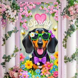 BlissYard - Cubierta de puerta de resorte para puerta de 70 x 35 pulgadas, diseño de telón de fondo floral para perro y primavera con diseño de feliz primavera, decoración de puerta de resorte para