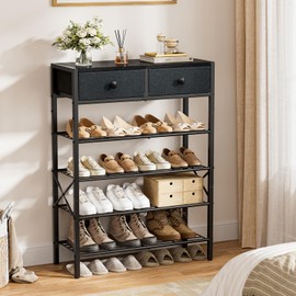 UNITSTAGE Shoe Rack for Entryway, 5 Tier Shoe Organizer with 2 Non-Woven Drawers, Metal Storage Shoe Shelf for 16-20 Pairs of Shoes, with Wooden Top and Steel Frame, Shoe Stand for Closet Black Grey