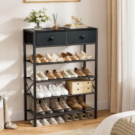 UNITSTAGE Shoe Rack for Entryway, 5 Tier Shoe Organizer with 2 Non-Woven Drawers, Metal Storage Shoe Shelf for 16-20 Pairs of Shoes, with Wooden Top and Steel Frame, Shoe Stand for Closet Black Grey