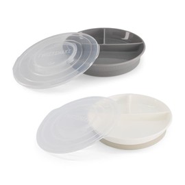 Twistshake 2X Baby Divided Plate with Airtight Lid | Divided Plate for Children | BPA-Free Weaning Plate | Feeding Plate | White Grey