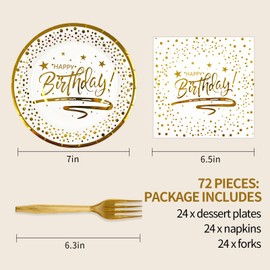 72PCS Happy Birthday Plates and Napkins Party Supplies, White Gold Dot Paper Plates and Napkins with Forks Disposable Tableware Set for Birthday Party Decorations, Serves 24