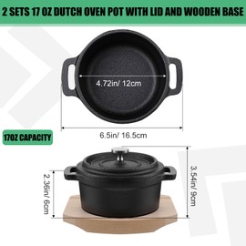 2 Sets Dutch Oven Pot with Lid and Wooden Base Pre Seasoned Cast Iron Casserole Mini Cast Iron Pot Round Cocotte with Handle Heavy Duty Cookware for Christmas Thanksgiving Party Gift Black(17 Oz)