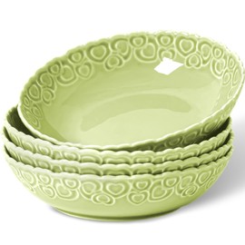 HOMBENE Heartbeat Pasta Bowls Set of 4, 28oz Salad Bowls Soup Bowl for Kitchen, Porcelain Wide and Shallow, Noodle, Soup, Pasta,Dinner, Microwave & Dishwasher Safe (Mint Glow Green)