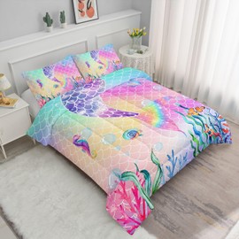 Smell Sunshine Mermaid Tail Comforter Set Rainbow Pink Scales Mermaid Printed Bedding Set with 1 Comforter and 2 Pillowcases for Boys and Girls Bedroom All Season(Mermaid-2 Twin)