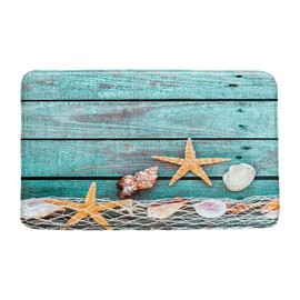 XZMAN Seashell Bath Mat Starfish Fishing Net on Rustic Turquoise Wooden Board Summer Beach Theme Soft Memory Foam Bathroom Rug Decor Bedroom Kitchen Toilet Rug 20x31 Inch