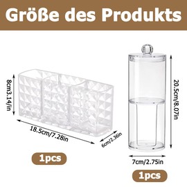 1 Stück Kosmetik Organizer, 3 Fächern Kristall Makeup Pinsel Halter, Make Up Pinsel Aufbewahrung und 1 Stück Wattestäbchen Behälter, Wattestäbchen Halter für Badezimmer Schminktisch Organizer Set