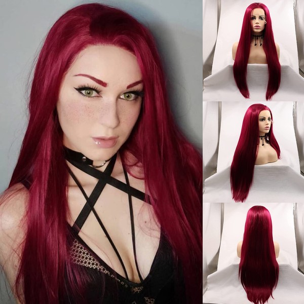 RainaHair Dark Red Lace Front Wigs Long Straight Natural Hair Heat Resistant Fiber Hair Synthetic Lace Wigs for Fashion Women