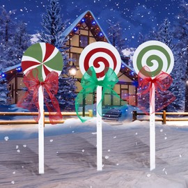 Colingmill 3 Pack 4ft Christmas Lollipop Yard Decorations, Wooden Christmas Yard Sign Giant Lollipop Pathway Decor Outdoor Decoration Christmas Peppermint Candy Stake with Mesh Bow for Yard (Small)