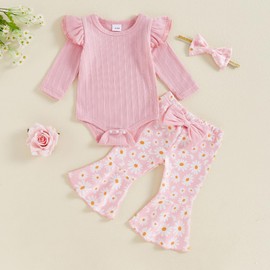 Siyova Newborn Baby Girl 3 Piece Outfits Long Sleeve Ribbed Romper+Daisy Flare Pants+Bow Headband Toddler Girl Fall Clothes Sets (Pink, 3-6 Months)