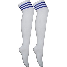 Knee Thigh High Sock Cheerleader Pub Golf Fancy Dress Stripe Socks White/Blue Stripe Pair Regular