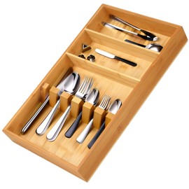 Homaisson Wooden Tableware Drawer Organizer - 16.5 Inch Large Silverware Utensil Tray Holder Multi-Compartment Kitchen Drawer Utensil Tray Flatware Storage for Spoons Forks Knives