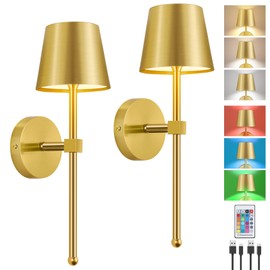 LIGHTESS Battery Operated Wall Sconce Set of Two with Touch and Remote Control, Dimmable Rechargeable Wall Lights for Living Room, Bedroom, Hallway (Gold)