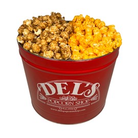 2 Gallon Popcorn Tin Gift - Half Cheese/Half Caramel Gourmet Popcorn Gift Tin - Del's Popcorn Shop