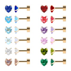 12 Pairs Flat Back Surgical Stainless Steel Stud Earrings, 18K Gold Plated Silver Screw Back Heart Star Round Cubic Zirconia CZ Birthstone Stud Earrings Set (Gold heart 4mm)