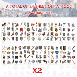 288 Pieces Temporary Knight Tattoos Medieval Castle Medieval Knights Party Favors Decorations Supplies for Kids Boys Adults Knight Costume Cosplay Party (24 Sheets)