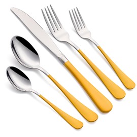 LKTDYMEG 20-Piece Yellow Silverware Set 18/0 Stainless Steel Silverware Set Yellow Handle Cutlery Set Service for 4 Dinner Knives Forks Spoons Set Flatware Set Finish Dishwasher Safe