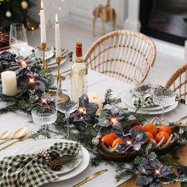 Zubebe 2 Pcs Prelit Poinsettia Christmas Garland with String Lights Glitter Holly Leaves Berries Remote Timer 8 Modes 6.5 ft Lighted Flower Garland Battery Operated Indoor Outdoor Decor(Black)