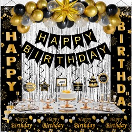 Black and Gold Birthday Decorations for Men Women, Happy Birthday Decorations Gold and Black Party Decoration Kit, Happy Birthday Banner Balloons Tablecover Fringe Curtain Swirls, Mens Man Bday Decor