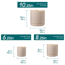 vancasso Ceramic Planters, Plant Pots for Indoor Plants, 6.25+8.25+10.25 Inch Ceramic Pots for Plants, Flower Pots with Drainage Holes (Gray, 6.25+8.25+10.25 Inch)