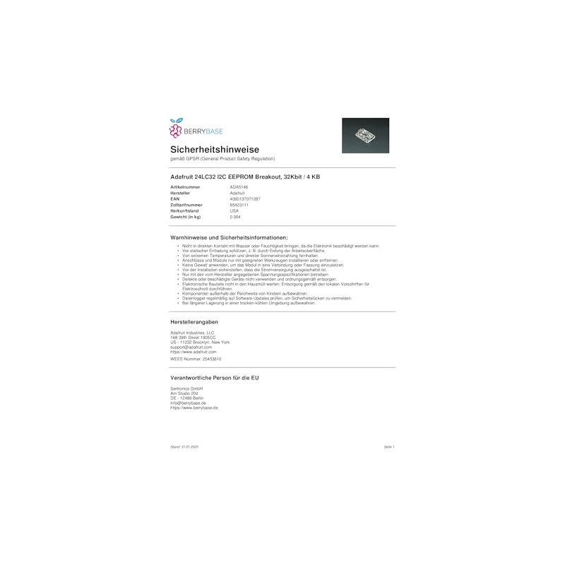 Adafruit 24LC32 I2C EEPROM Breakout - 32Kbit / 4KB -