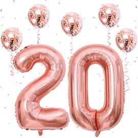 40 Inch Rose Gold Number 20 Balloons, Foil Self Inflating Giant Helium Number 2 & 0 Balloons with Confetti Balloons for Women Girls 20th 2nd Birthday Party Decor Anniversary Decorations Supplies