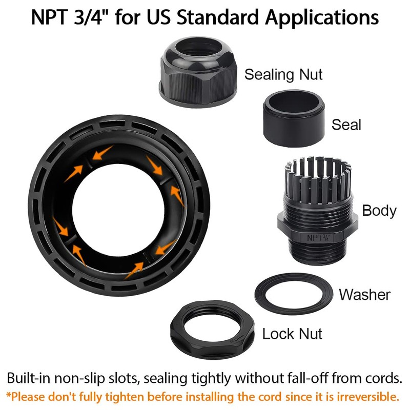 LeMotech 50 Pack NPT 3/4" Cable Glands Waterproof Adjustable 12.5-18mm