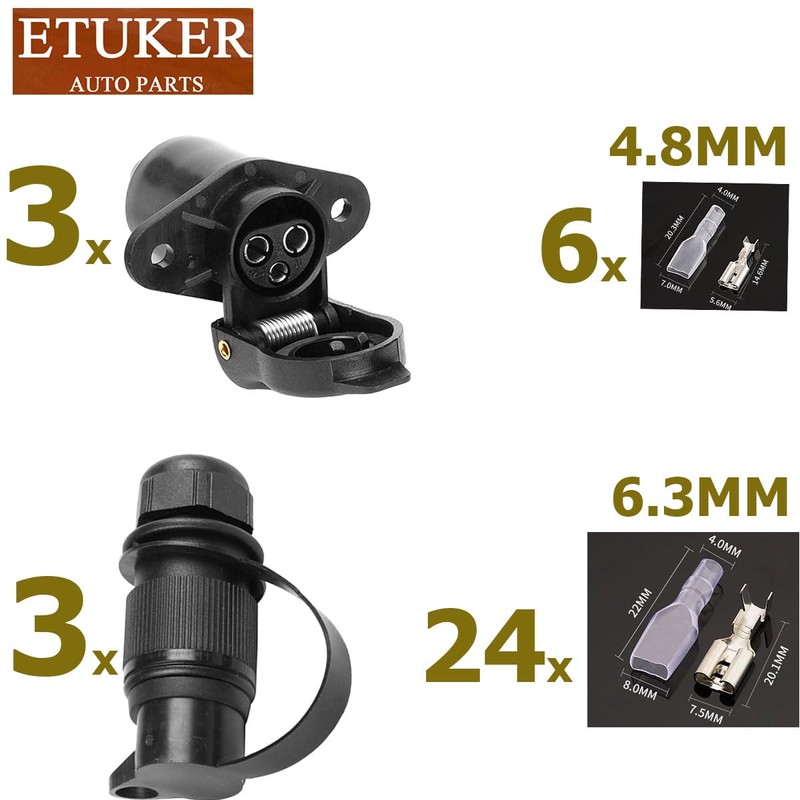 ETUKER 3 x Trailer Plug 3-Pin 3 x Trailer Socket