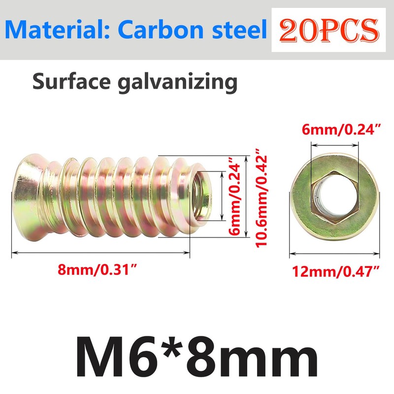 Qrity 20PCS Threaded Inserts Nuts, Hex Drive Head Nuts, Threaded