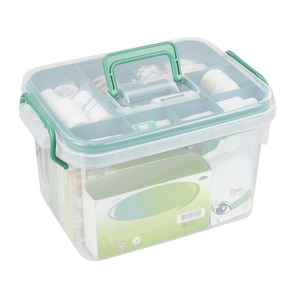 Lesbin Clear First Aid Box Organizer 2 Layers with Compartments, Plastic Handle Storage Box