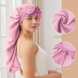 Long Bonnet For Sleeping, Satin Silk Bonnet With Tie Band, Jumbo Hair Bonnets For Women Long Braids Natural Curly Hair showercap(Pink)