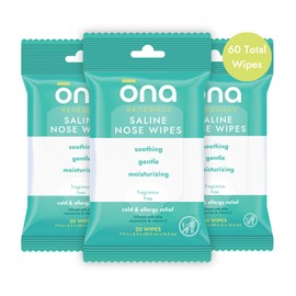 Ona Saline Nose Wipes for Adults – Hypoallergenic Nasal Care for Congestion, Allergies, and Dry Noses – Natural Saline, Aloe, Vitamin E, Chamomile – Fragrance Free, 20 Ct Pack of 3