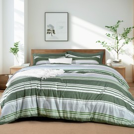 PHF 5 Pieces Twin Comforter Set, Striped Bed in A Bag, Olive Green Stripe Comforter & 18" Sheet Set All Season, Ultra Soft Bedding Sets with Comforter, Sheets, Pillowcases & Shams