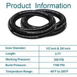 HOUSUN Fuel Line 3/16 1/4 5/16 3/8 1/2 Inch ID, Fuel Hose 5FT 300PSI High-Pressure with 20 Clamps., J30R7 Fuel Line Hose NBR.