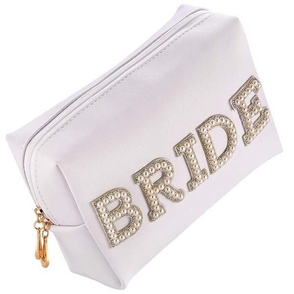 MIRIFRIGE Bride Patch MRS Cosmetic Bag,Pearl Rhinestone Letter makeup Toiletry Bag for Women, Portable Small PU Leather Waterproof bling Travel Purse Zipper Pouch Storage Organizer WH (Bride W)